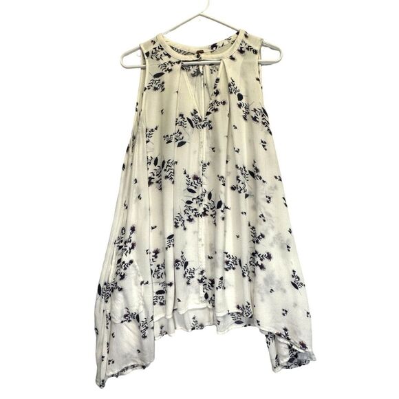 Free People Tree Swing Tank Top Boho White Blue Floral Oversized Cut Out Keyhole - Picture 1 of 7